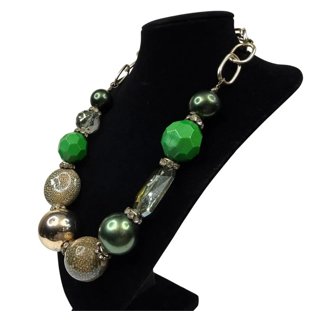 Chunky Statement Necklace Green Gold Tone Beaded Fashion Jewelry Adjustable 20